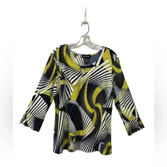 NWOT Soft Works, Geometric Print V-Neck Blouse, XL, Black, Yellow - Picture 2 of 7